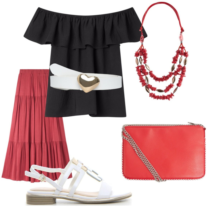 Outfit donna - Sensuale e raffinata. Stile 70s per Tutti i giorni. Abbinamento con cinture, borse a tracolla, bluse, gonne lunghe, collane, sandali.
