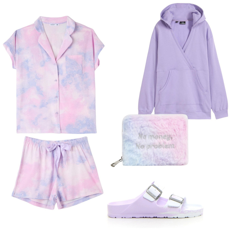 Outfit donna - Buona notte!. Stile Casual per Tutti i giorni. Abbinamento con felpe, portafogli, pigiama, ciabatte.