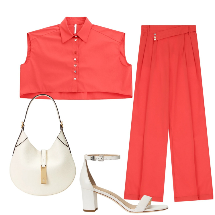 Outfit donna - Corallo in estate. Stile Casual chic per Tutti i giorni. Abbinamento con camicie, pantaloni, borse a spalla, sandali in pelle.