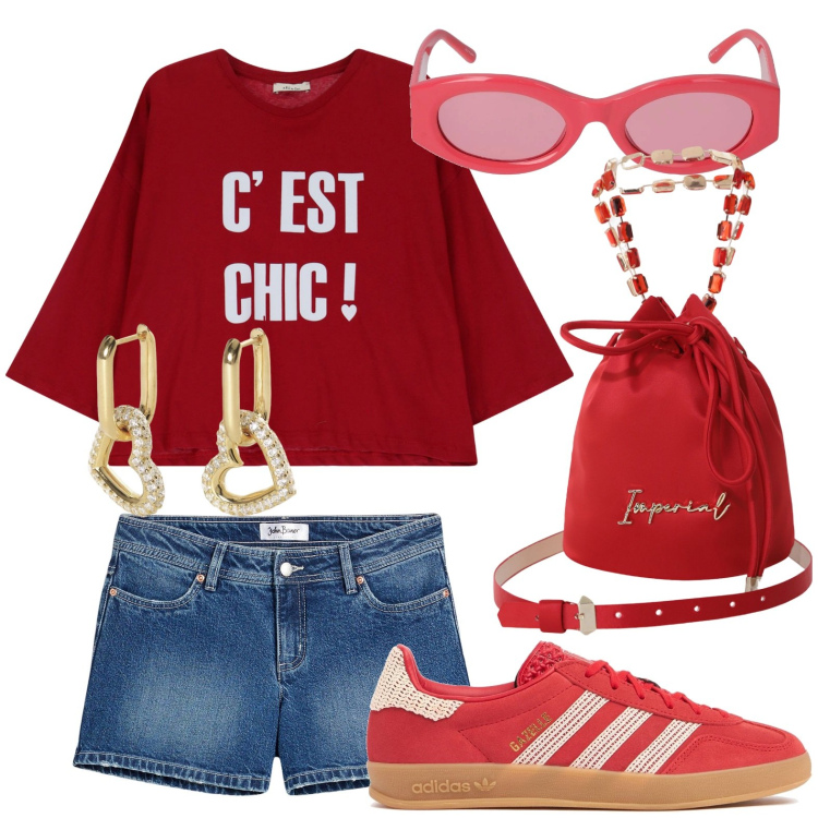 Outfit donna - Sporty chic. Stile Casual chic per Tutti i giorni. Abbinamento con shorts, orecchini, borse a secchiello, t-shirt, occhiali da sole, sneakers.