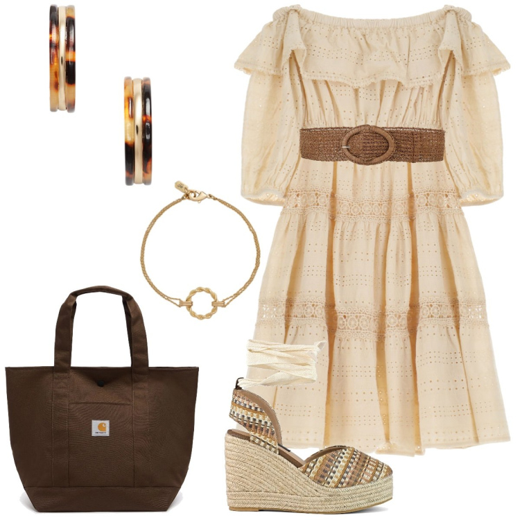 Outfit donna - Total look #2186781. Stile Boho per Tutti i giorni. Abbinamento con cinture, vestiti corti, orecchini, braccialetti, zeppe, borse tote.