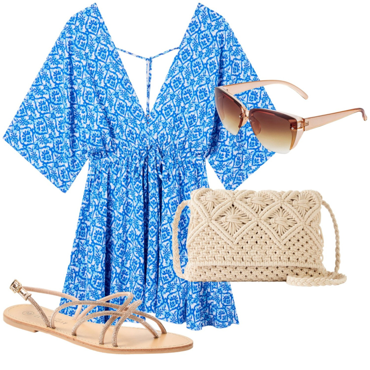 Outfit donna - Borsa chiama estate. Stile Chic per Mare. Abbinamento con occhiali da sole, borse a tracolla, vestiti corti, sandali.