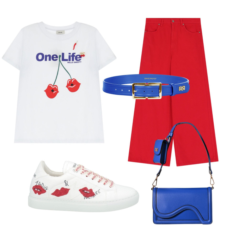 Outfit donna - Kiss. Stile Romantica per Tutti i giorni. Abbinamento con sneakers, jeans, t-shirt, pochette, cinture.