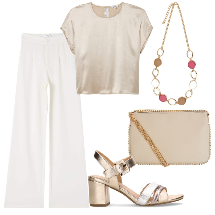 Outfit donna - Total look #2186785. Stile Chic per Tutti i giorni. Abbinamento con pantaloni, borse a tracolla, bluse, collane, sandali col tacco.