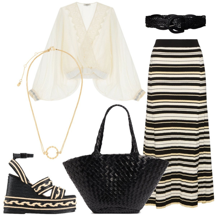 Outfit donna - Total look #2186788. Stile Casual chic per Tutti i giorni. Abbinamento con espadrillas, bluse, cinture, ciondoli, gonne lunghe, shopping bag.