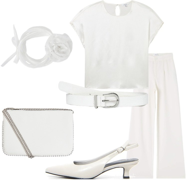 Outfit donna - Bianco curvy power - Focus Donna Curvy. Stile Bon Ton per Serata fuori. Abbinamento con pantaloni, collane, borse a tracolla, cinture, bluse, décolleté.