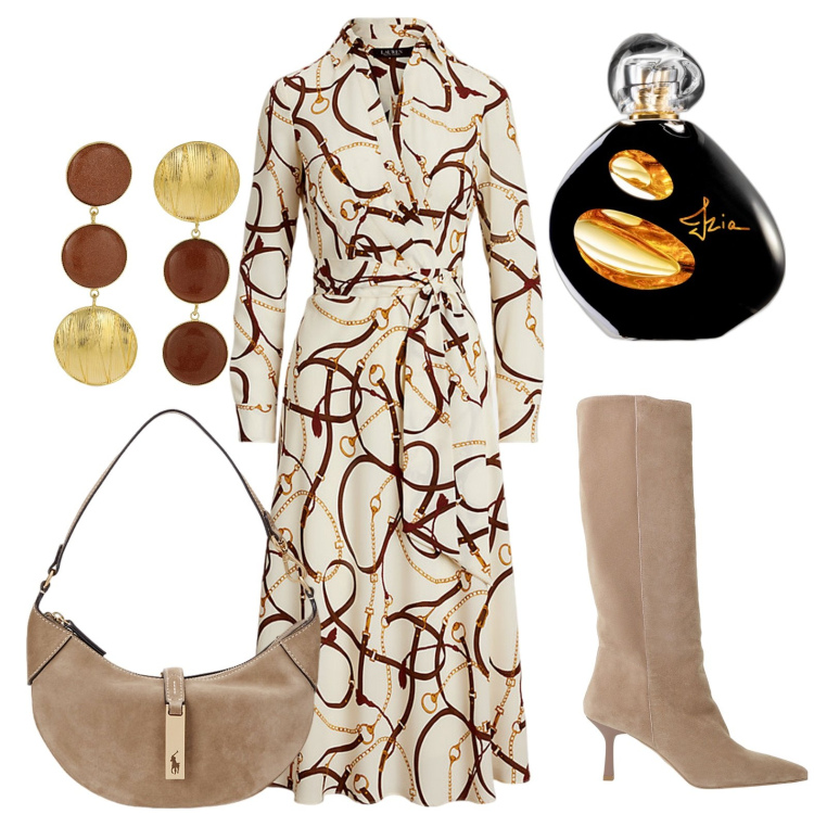 Outfit donna - Chic Al ufficio. Stile Casual chic per Serata fuori. Abbinamento con profumi, borse a spalla, vestiti, stivali, orecchini.