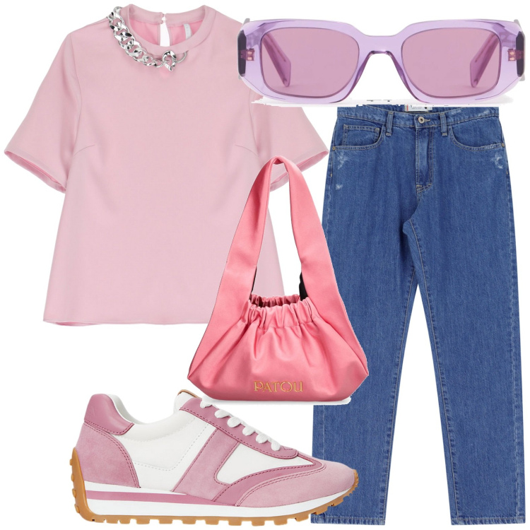 Outfit donna - Shopping with glam. Stile Bon Ton per Tutti i giorni. Abbinamento con jeans dritti, t-shirt, sneakers, borse a spalla, occhiali da sole.