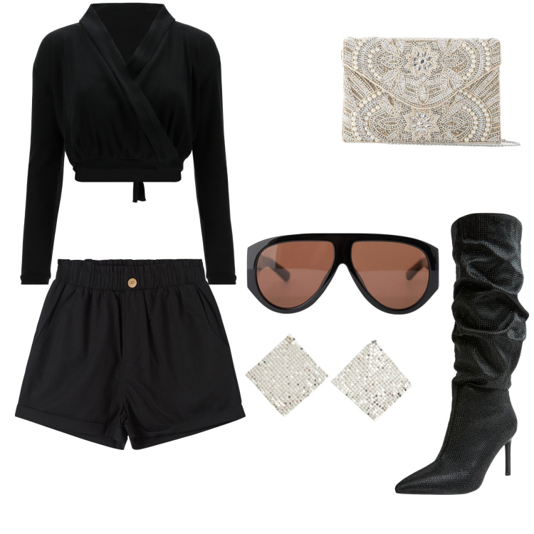 Outfit donna - Serata donne. Stile Rock per Serata fuori. Abbinamento con pochette, pantaloni corti, stivali, orecchini, occhiali da sole, top.