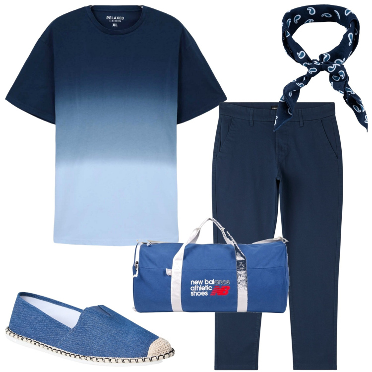 Outfit uomo - Weekend stile resort. Stile Casual per Mare. Abbinamento con pantaloni skinny, espadrillas, t-shirt, borse sportive, sciarpe e foulard.