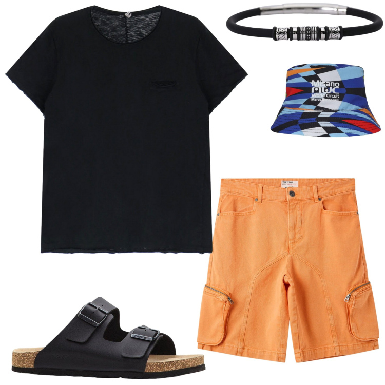 Outfit uomo - Colori vitaminici. Stile Casual per Tutti i giorni. Abbinamento con sandali, pantaloni corti, cappelli, braccialetti, t-shirt.
