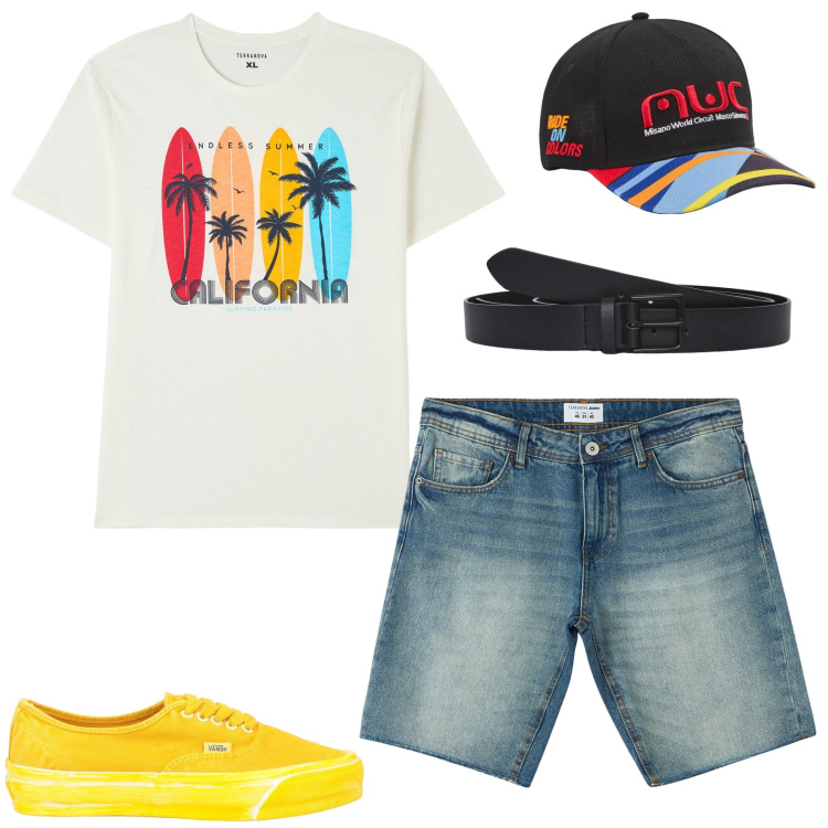 Outfit uomo - Colori vitaminici. Stile Casual per Mare. Abbinamento con sneakers, cappelli, t-shirt, bermuda, cinture.