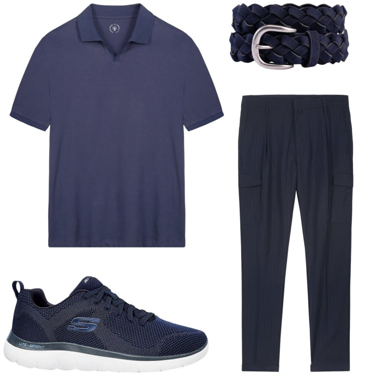 Outfit uomo - Monocromatico leggero. Stile Urban per Ufficio. Abbinamento con sneakers, pantaloni cargo, polo, cinture.