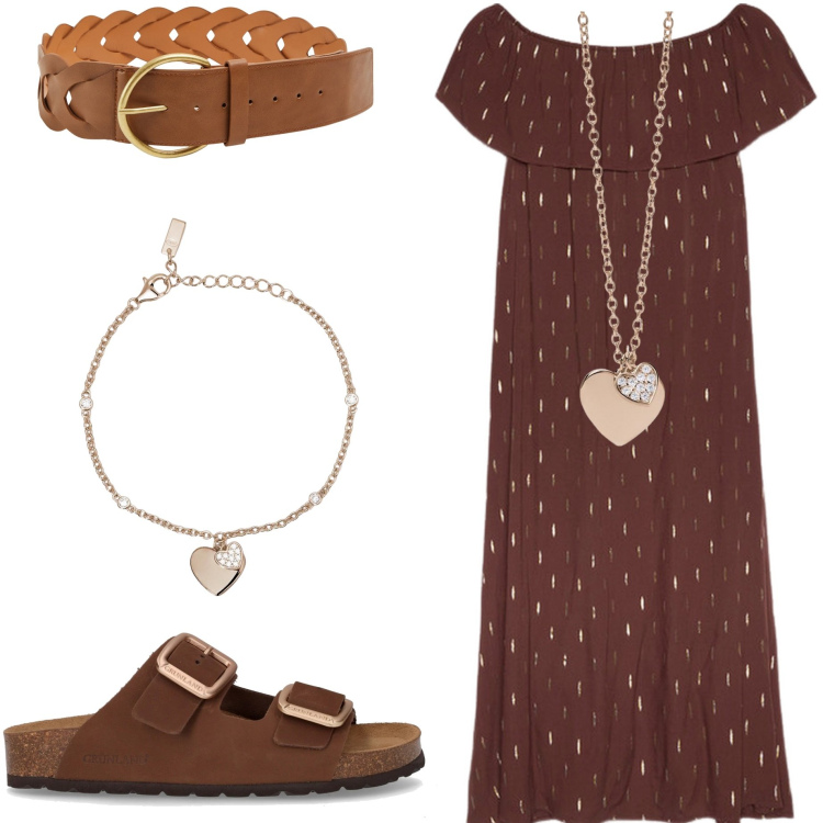 Outfit donna - Focus donna curvy. Stile Casual chic per Tutti i giorni. Abbinamento con cinture, ciondoli, braccialetti con ciondoli, vestiti lunghi, ciabatte.