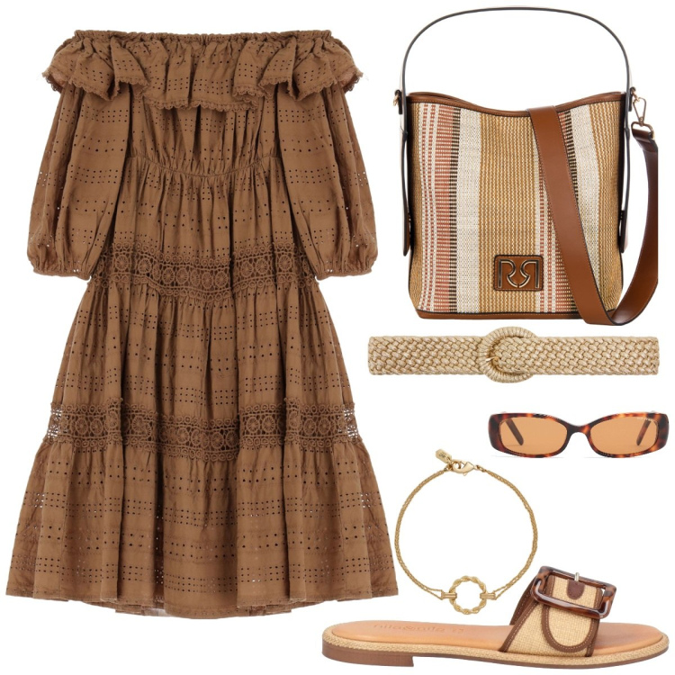 Outfit donna - Mocha rafia. Stile Boho per Tutti i giorni. Abbinamento con sandali in pelle, cinture, borse a secchiello, vestiti corti, braccialetti, occhiali da sole.