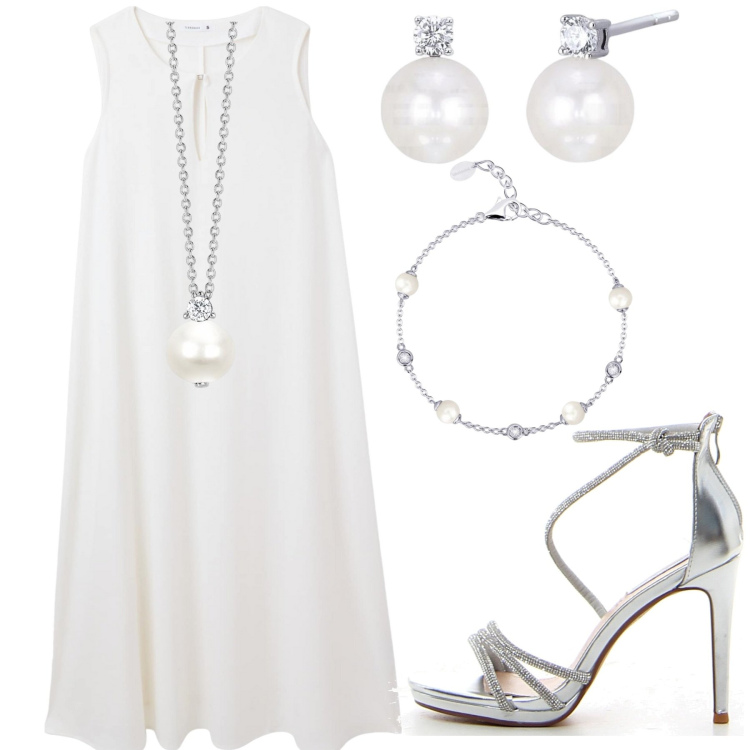Outfit donna - Bianco Perla. Stile Chic per Cerimonia. Abbinamento con vestiti lunghi, orecchini, braccialetti, collane, sandali col tacco.