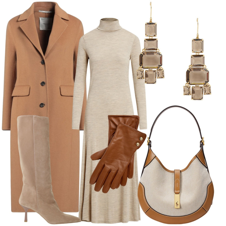 Outfit donna - Chic senza sforzo. Stile Casual chic per Tutti i giorni. Abbinamento con cappotti, stivali, guanti, vestiti, borse a spalla, orecchini.