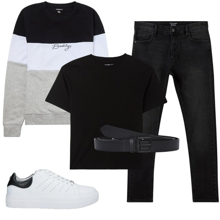 Outfit uomo - Total look #2186820. Stile Trendy per Tutti i giorni. Abbinamento con sneakers, jeans skinny, felpe, cinture, t-shirt.