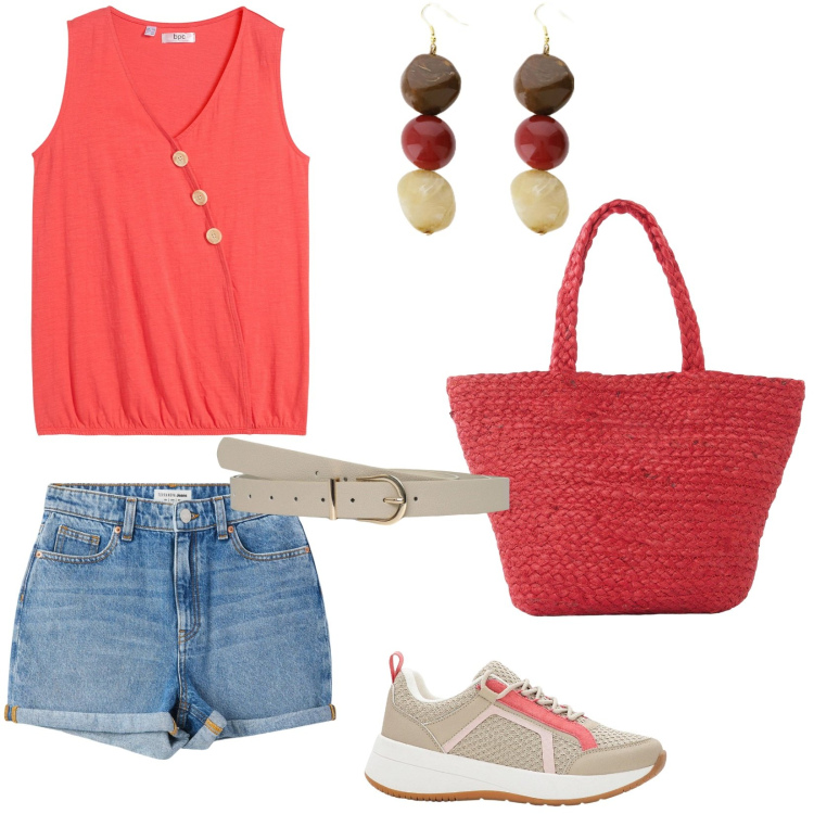 Outfit donna - Un caffè in riva al mare. Stile Casual per Tutti i giorni. Abbinamento con top, shopping bag, sneakers, shorts, cinture, orecchini.