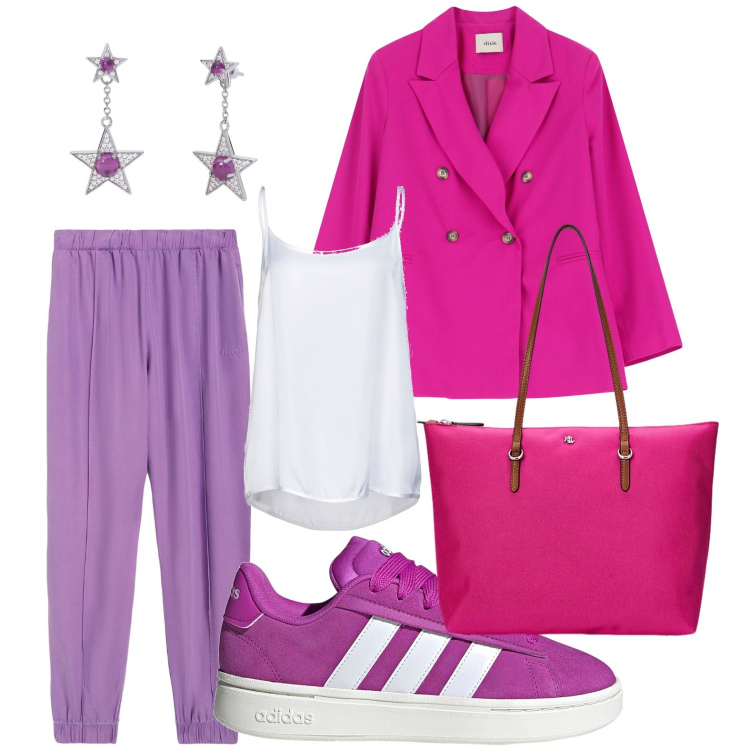 Outfit donna - Casual chic. Stile Casual chic per Tutti i giorni. Abbinamento con top, orecchini, blazer, pantaloni, borse tote, sneakers.