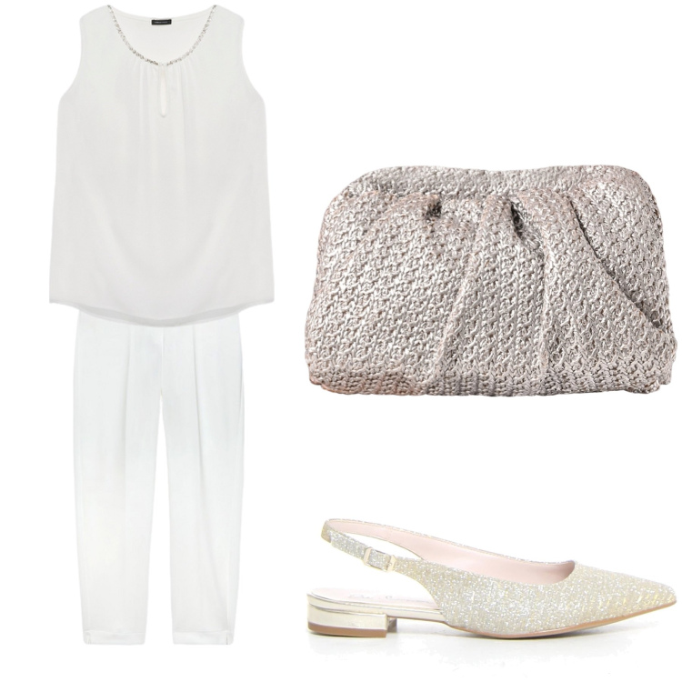 Outfit donna - Aperitivo. Stile Trendy per Tutti i giorni. Abbinamento con clutch, pantaloni, top, décolleté.