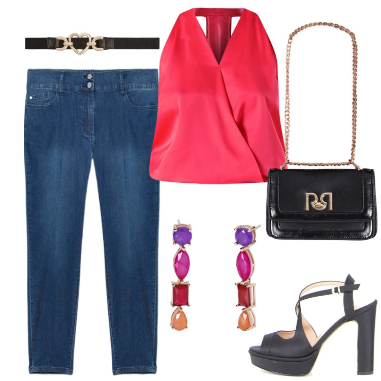 Outfit donna - Top rosso scollo all\'americana. Stile Sexy per Serata fuori. Abbinamento con cinture, orecchini, borse a tracolla, top, jeans skinny, sandali col tacco.