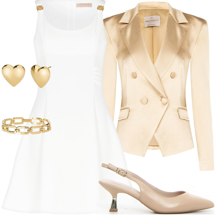 Outfit donna - Bianco e oro per una curvy super. Stile Glamour per Cerimonia. Abbinamento con braccialetti, orecchini, vestiti, blazer, décolleté.