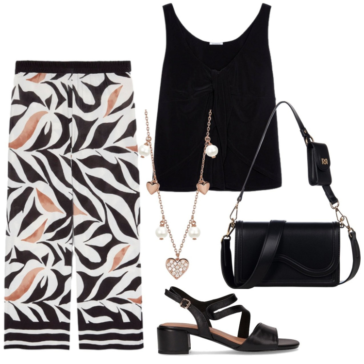 Outfit donna - Top nero con nodo davanti. Stile Casual chic per Tutti i giorni. Abbinamento con collane, pochette, top, pantaloni, sandali col tacco.