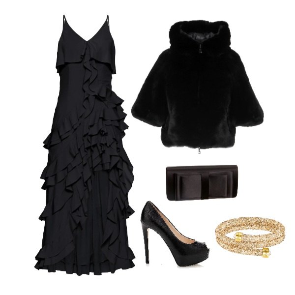 Outfit donna - Total Black. Stile Chic per Serata fuori. Abbinamento con piumino in tessuto tecnico, bluse, décolleté con plateau open toe, bangle oro, pochette nero.