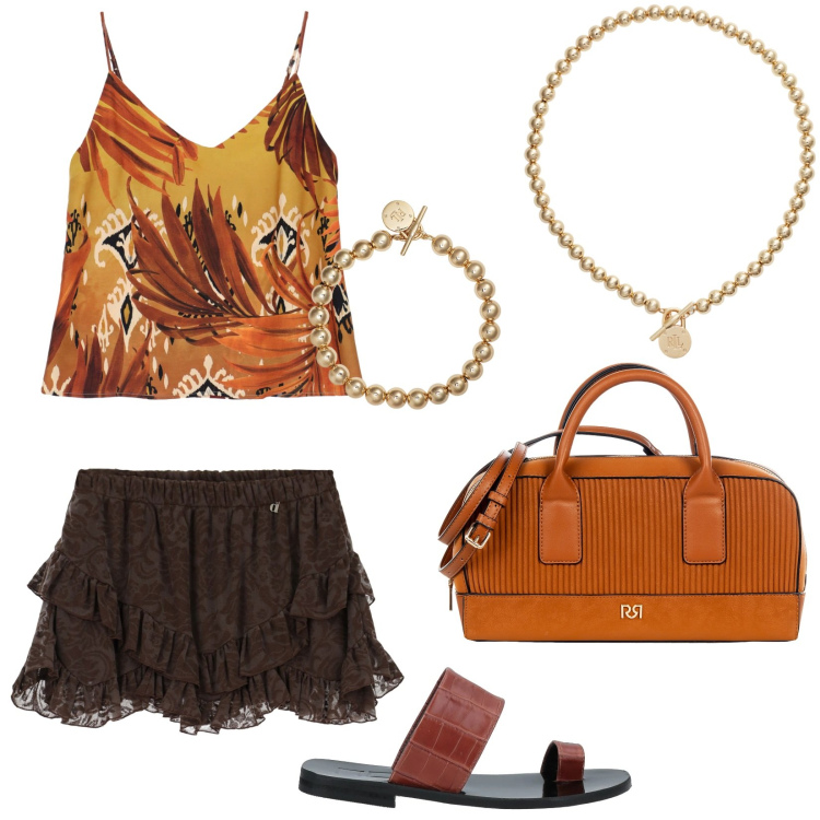 Outfit donna - Top a fantasia. Stile Glamour per Tutti i giorni. Abbinamento con infradito, borse a mano, canottiere, minigonne, collane, braccialetti.