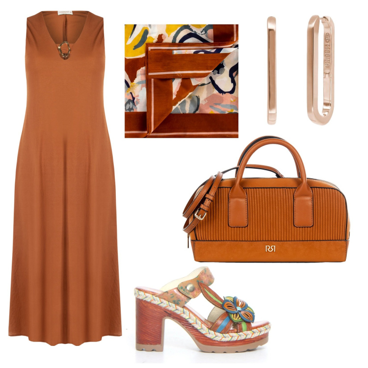 Outfit donna - Pranzo con le amiche. Stile Basic per Tutti i giorni. Abbinamento con vestiti senza maniche, borse a mano, foulard, orecchini, ciabatte.