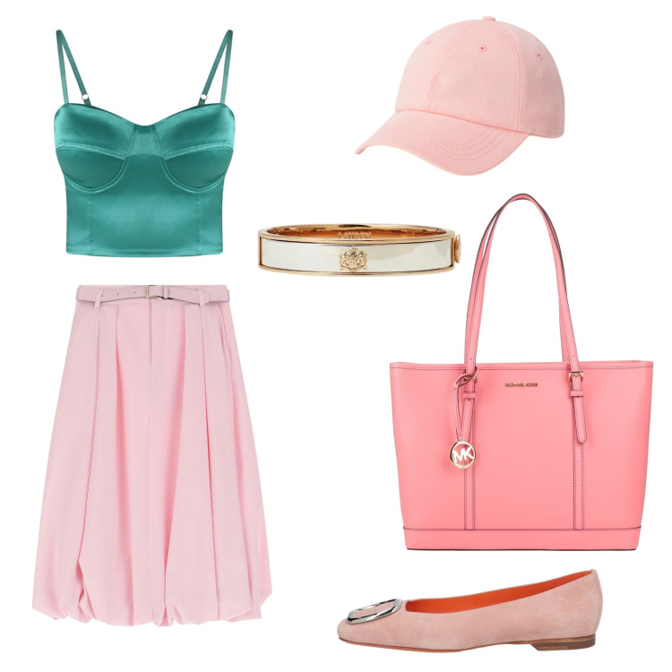 Outfit donna - La vie en rose. Stile Romantica per Serata fuori. Abbinamento con ballerine, borse a spalla, canottiere, gonne longuette, braccialetti, cappelli.