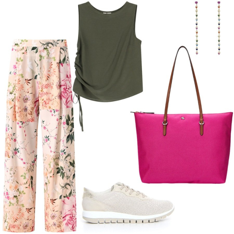 Outfit donna - Pomeriggio in centro storico. Stile Casual chic per Serata fuori. Abbinamento con top, orecchini, pantaloni, borse tote, sneakers.