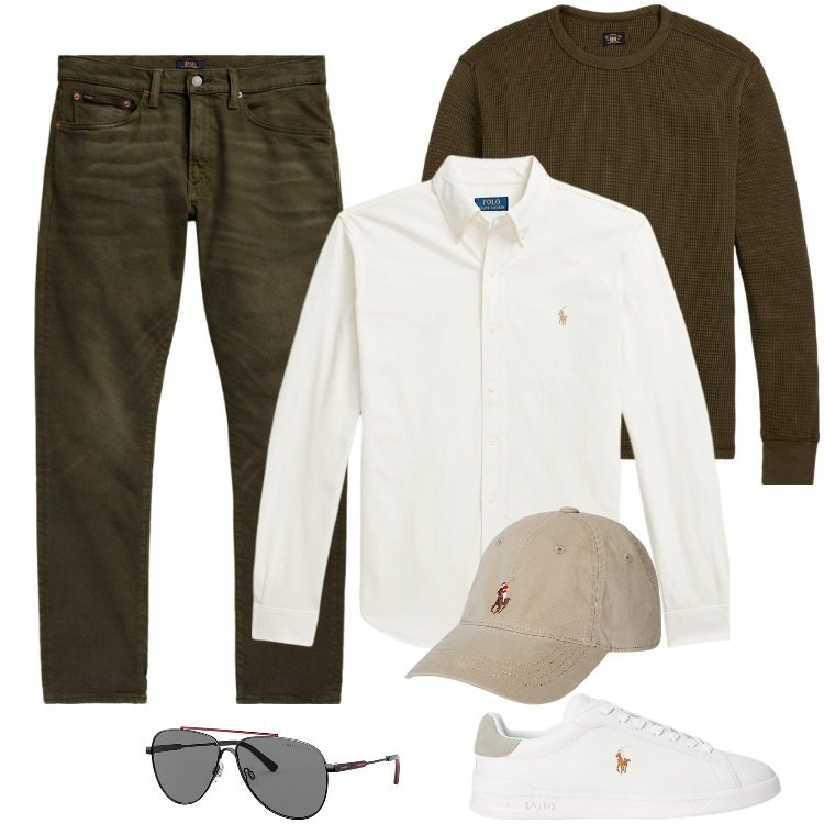 Outfit uomo - Total look #2186851. Stile Casual per Tutti i giorni. Abbinamento con maglieria, occhiali da sole, cappelli, camicie, jeans, sneakers.
