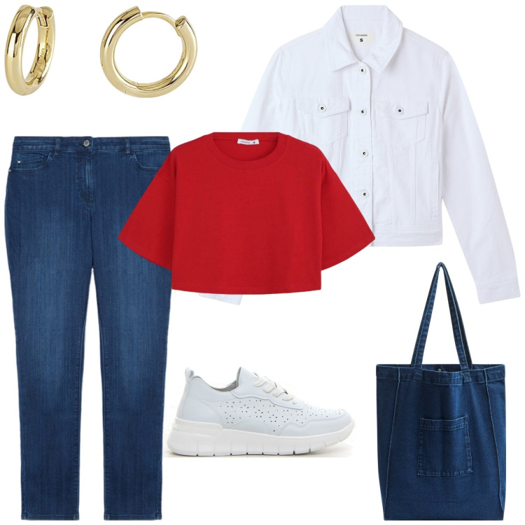 Outfit donna - Anni 80. Stile Casual per Tutti i giorni. Abbinamento con shopping bag, blazer, t-shirt, orecchini, jeans skinny, sneakers.
