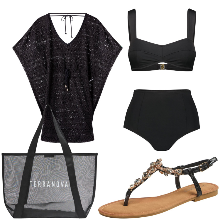 Outfit donna - Total look #2186856. Stile Glamour per Mare. Abbinamento con vestiti da spiaggia, shopping bag, sandali gioiello, bikini.
