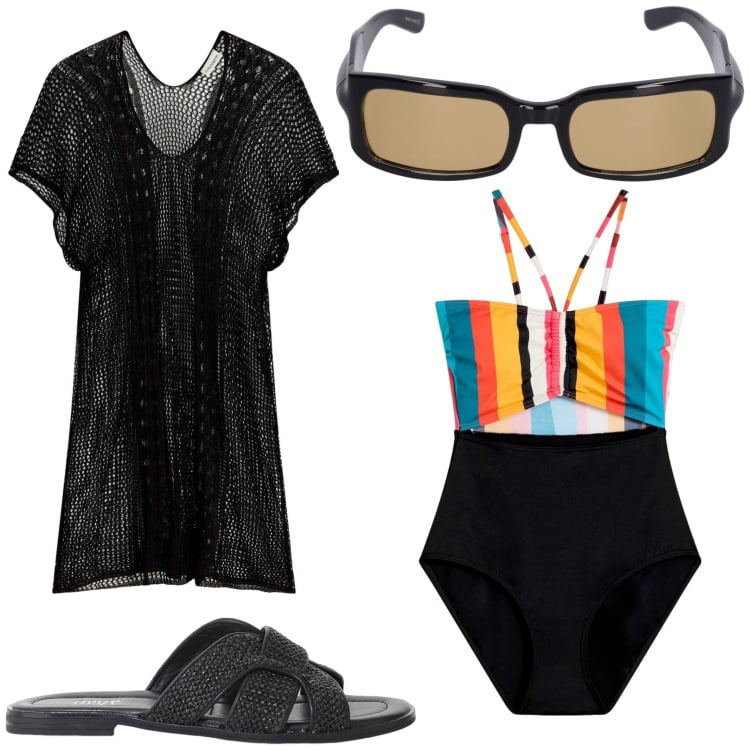 Outfit donna - Total look #2186873. Stile Glamour per Mare. Abbinamento con vestiti da spiaggia, costumi interi, sandali, occhiali da sole.