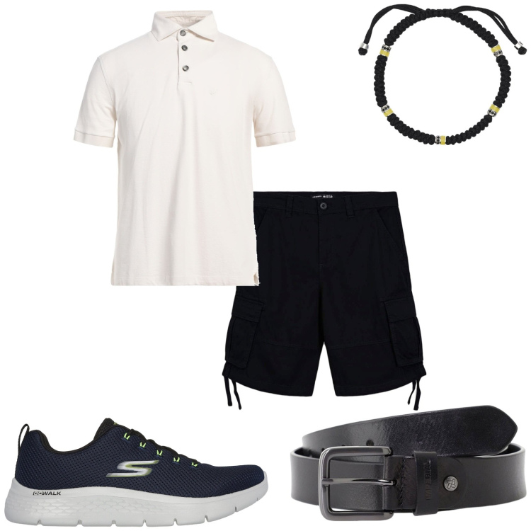 Outfit uomo - La polo bianca. Stile Casual per Tutti i giorni. Abbinamento con polo, bermuda, braccialetti, cinture, sneakers.