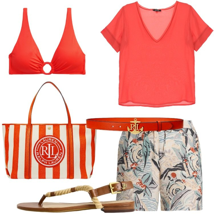 Outfit donna - Colore corallo, energia d’estate. Stile Basic per Mare. Abbinamento con t-shirt, borse tote, cinture, ciabatte, shorts, bikini.