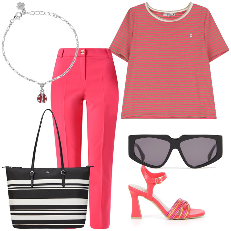 Outfit donna - La fortuna in ufficio. Stile Urban per Ufficio. Abbinamento con braccialetti con ciondoli, pantaloni, t-shirt, borse tote, sandali col tacco, occhiali da sole.
