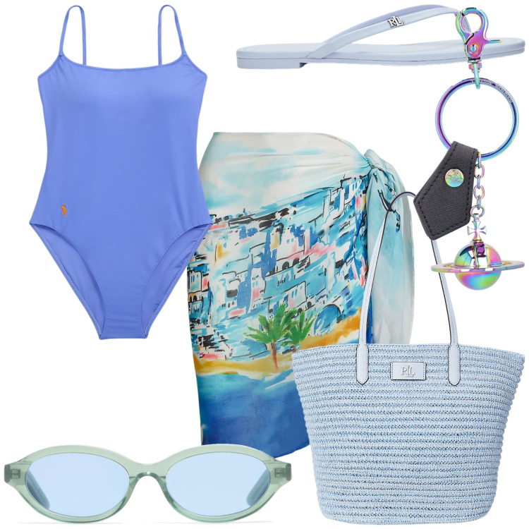 Outfit donna - Il mare è azzurro. Stile Chic per Mare. Abbinamento con ciabatte, vestiti da spiaggia, borse tote, costumi interi, portachiavi, occhiali da sole.