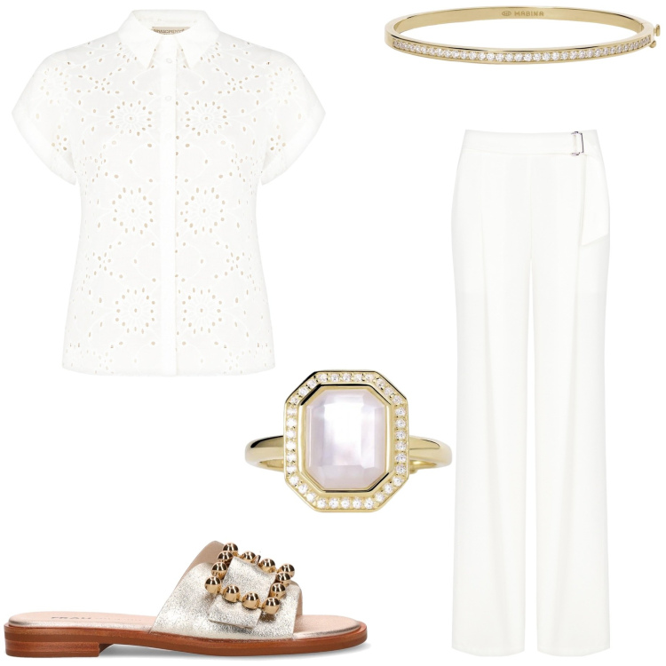 Outfit donna - Bianco curvy. Stile Chic per Cerimonia. Abbinamento con pantaloni, camicie a manica corta, anelli, braccialetti, ciabatte.
