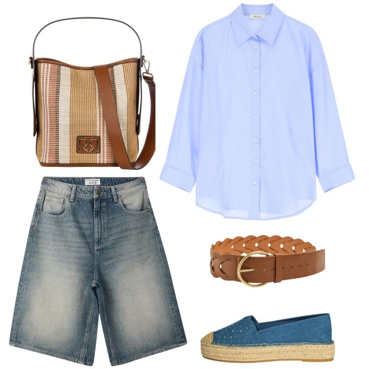 Outfit donna - Fresco. Stile Casual per Tutti i giorni. Abbinamento con cinture, espadrillas, bermuda, borse a secchiello, camicie.