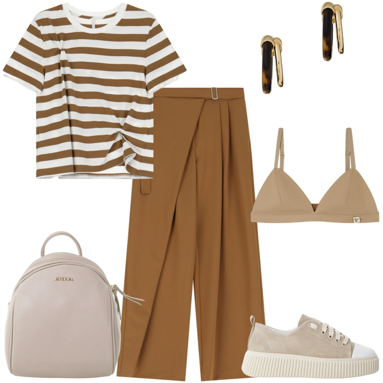Outfit donna - Pronta in 5 minuti. Stile Casual per Ufficio. Abbinamento con pantaloni a palazzo, sneakers, t-shirt, zaini, reggiseni, orecchini.