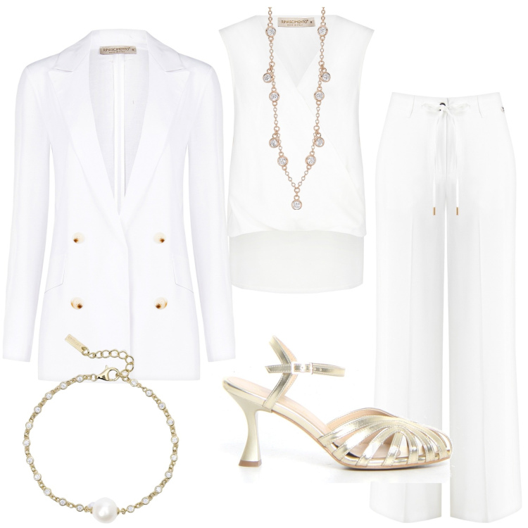 Outfit donna - Bianco curvy. Stile Chic per Cerimonia. Abbinamento con braccialetti, collane, pantaloni, bluse, blazer, sandali col tacco.