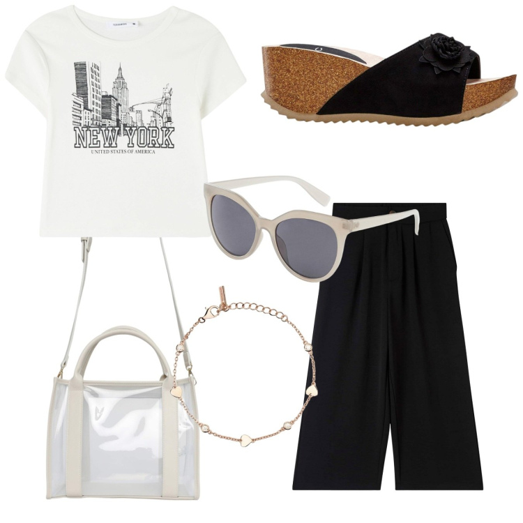 Outfit donna - Bianco nero. Stile Casual per Tutti i giorni. Abbinamento con sandali, borse a tracolla, t-shirt, borse tote, pantaloni a palazzo, braccialetti.