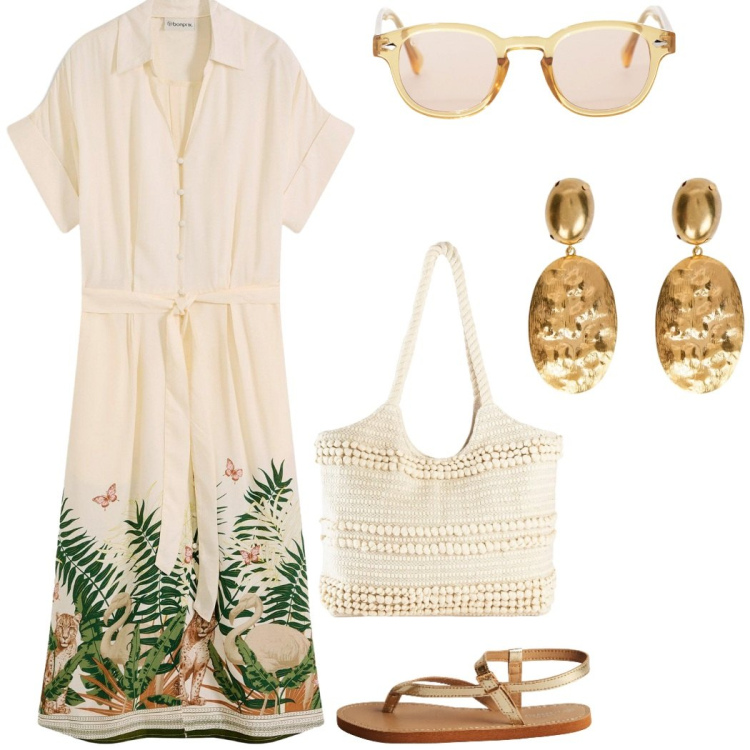 Outfit donna - Tropicana. Stile Casual chic per Tutti i giorni. Abbinamento con shopping bag, vestiti chemisier, ciabatte, occhiali da sole, orecchini.