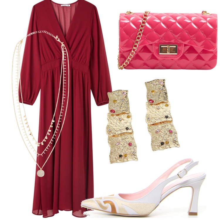 Outfit donna - Abito rosso. Stile Chic per Cerimonia. Abbinamento con collane, borse a tracolla, vestiti lunghi, orecchini, décolleté.