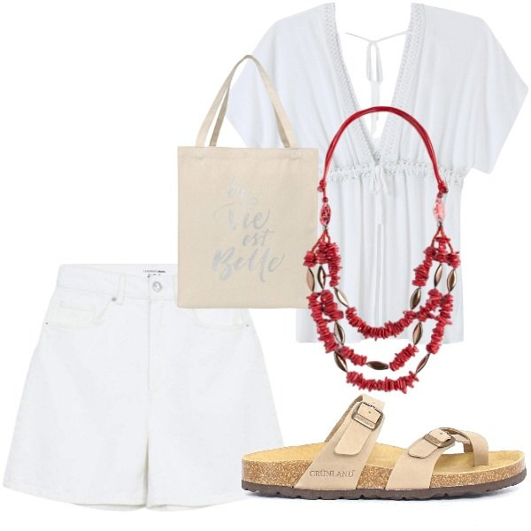 Outfit donna - Bianco curvy power. Stile Basic per Mare. Abbinamento con borse tote, caftani, bermuda, collane, ciabatte.