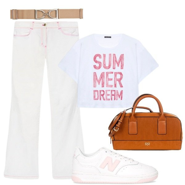 Outfit donna - Bianco curvy power. Stile Basic per Mare. Abbinamento con cinture, borse a mano, t-shirt, pantaloni, sneakers.